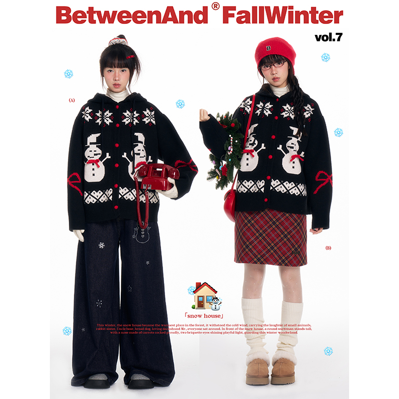 冬季小雪人蝴蝶结提花毛衣