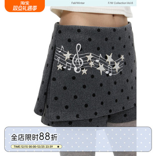 女2025新款 BETWEENAND「英伦小调」冬季 灰色音符波点毛呢加厚裙裤
