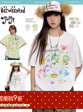 BETWEENAND 夏季双色宽松suiso圆领情侣短袖女t恤印花休闲上衣女