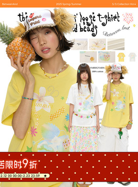 BETWEENAND ”恋夏一族“印花短袖T恤女2026新款夏季宽松纯棉上衣