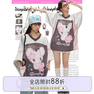 球衣女上衣 银色oversize透气T恤拼接短袖 BETWEENANDx鸟鸟一 夏季