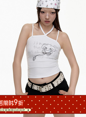 BETWEENAND 白色纯欲少女绑带吊带夏女夏季新款修身显瘦挂脖上衣