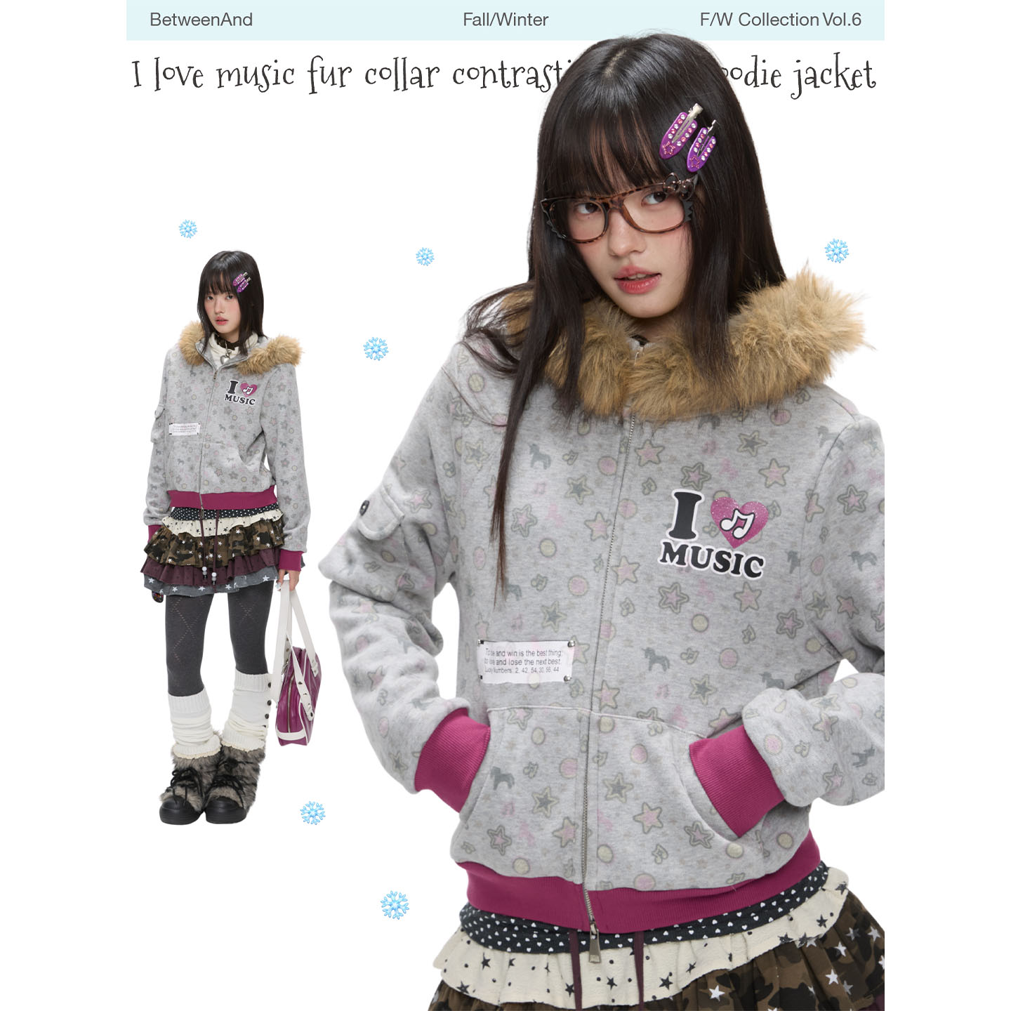 毛领满印加绒短款卫衣外套