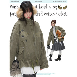 BETWEENAND「旧苔浮光」冬季 咸菜绿烫珠收腰绗棉夹克牛仔外套棉服