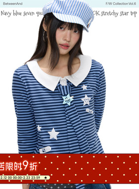 BETWEENAND「蓝屿ok绷」春季海军蓝七分袖娃娃领星星长袖可爱上衣