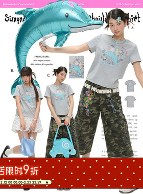 BETWEENANDx鸟鸟一 夏季灰色正肩短款上衣blingbiling烫钻短袖t恤