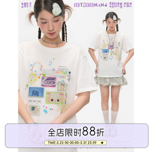 宽松圆领百搭上衣T恤女 短袖 BETWEENAND 夏日可爱涂鸦印花2026新款