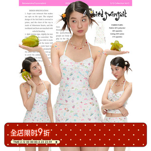 BETWEENANDx鸟鸟一 夏日满印海边温泉分体式挂脖泳衣套装 两件套