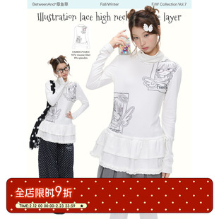 BETWEENANDx章鱼草 冬季白色半高领磨毛舒适保暖印花上衣花边叠穿