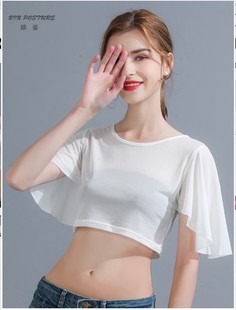 2021春夏仙女超薄透视网纱T恤圆领半截蝙飞飞短袖 罩衫 上衣新女装