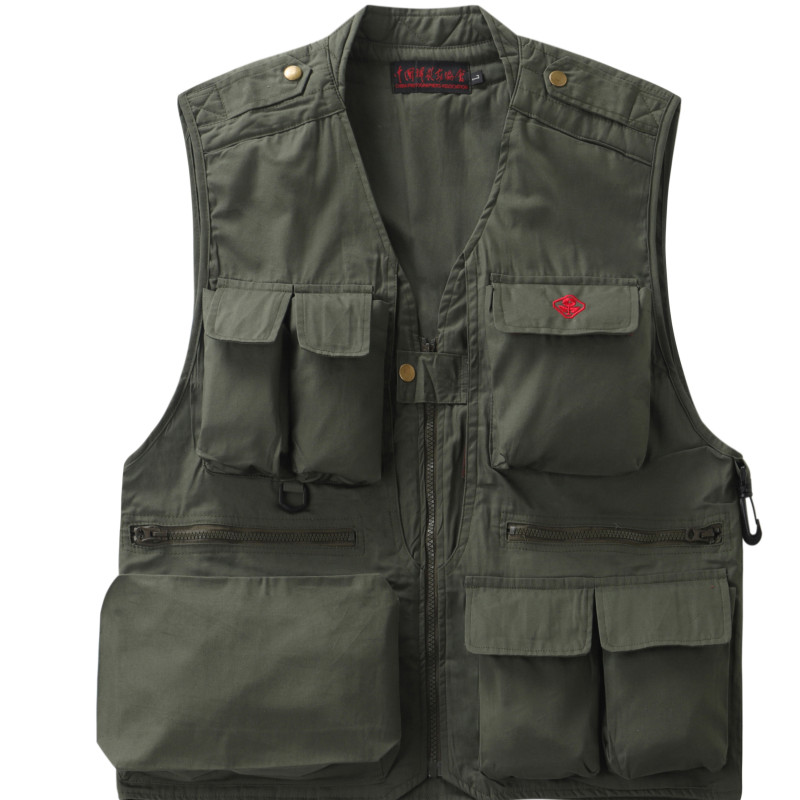 中摄协真品纯棉马甲多袋V领春秋