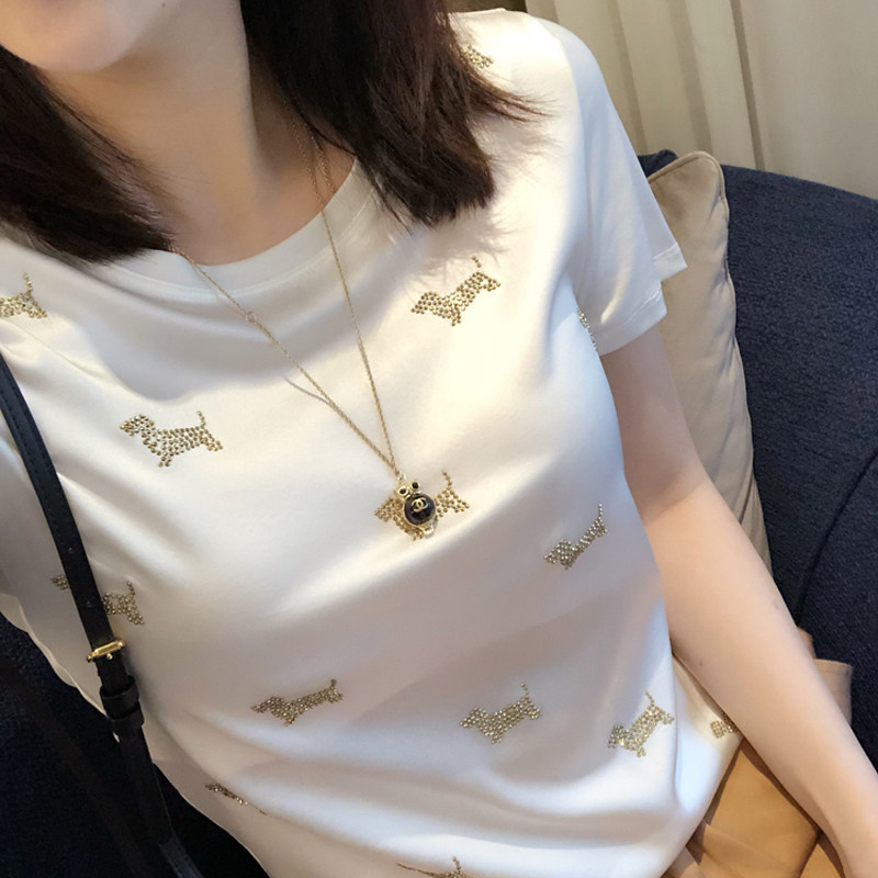 香港2026夏季新款短袖T恤女上衣烫钻体袖圆领真丝弹性显瘦修身ins