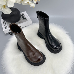 帅气加绒圆头炸街烟筒靴大码 厚底英伦爆款 小短靴女2025秋冬新款