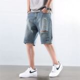 复古破洞牛仔短裤男宽松大码中裤夏季薄款五分裤A155-HC211-TP50，男装牛仔裤，电商A155-1