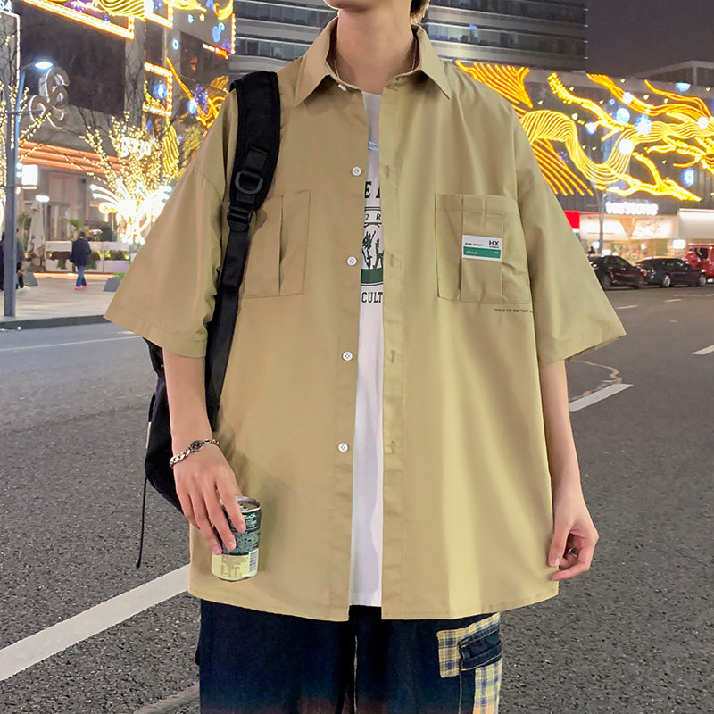 夏季男款工装短袖衬衫休闲宽松港风外套五分半袖衬A155-BK16-TP51,男装衬衫,电商A155-1