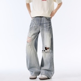 2025夏美式复古破洞牛仔裤男宽松弯刀阔腿长裤子A155-MJ239-TP56，男装牛仔裤，电商A155-1