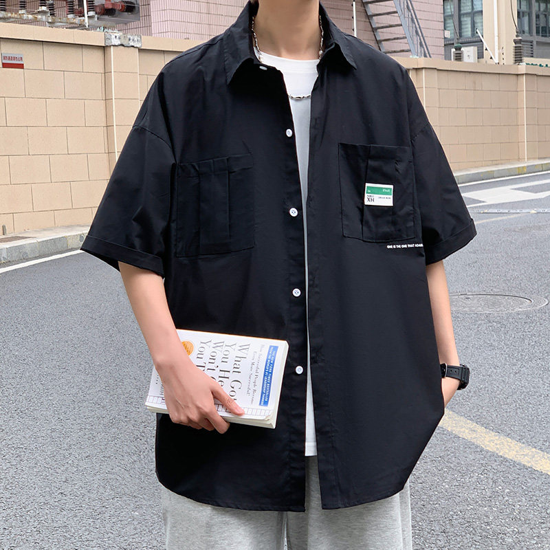 夏季男款工装短袖衬衫休闲宽松港风外套五分半袖衬A155-BK16-TP51,男装衬衫,电商A155-1