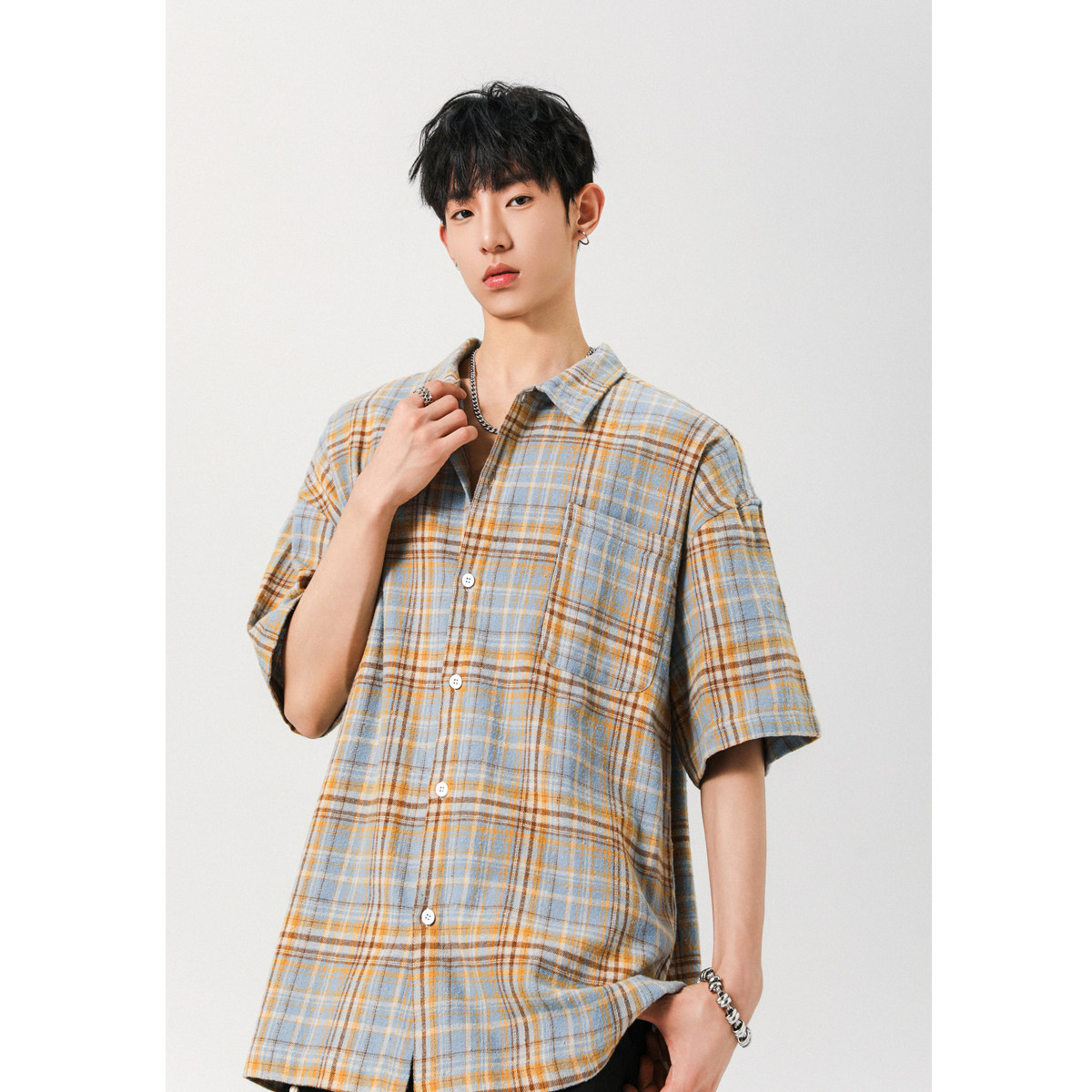 美式潮牌衬衫男2025夏季格子上衣潮流简约百搭A155-KLC02-TP47,男装衬衫,电商A155-1