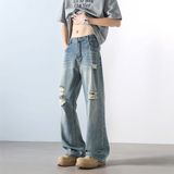 美式复古宽松直筒破洞牛仔裤男潮牌微喇夏季裤子A155-HC252-TP46，男装牛仔裤，电商A155-1