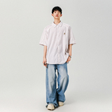 GENIOLAMODE夏季复古条纹短袖衬衫男设计感刺绣凉感潮牌宽松情侣，男装T恤，电商A155-1