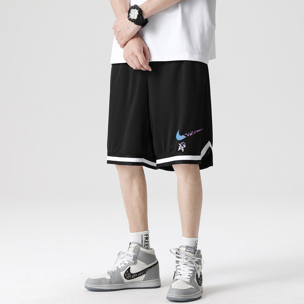 2025夏季冰丝短裤男潮宽松大码港风休闲五分裤撞色A155-K817-TP25,男装牛仔裤,电商A155-1