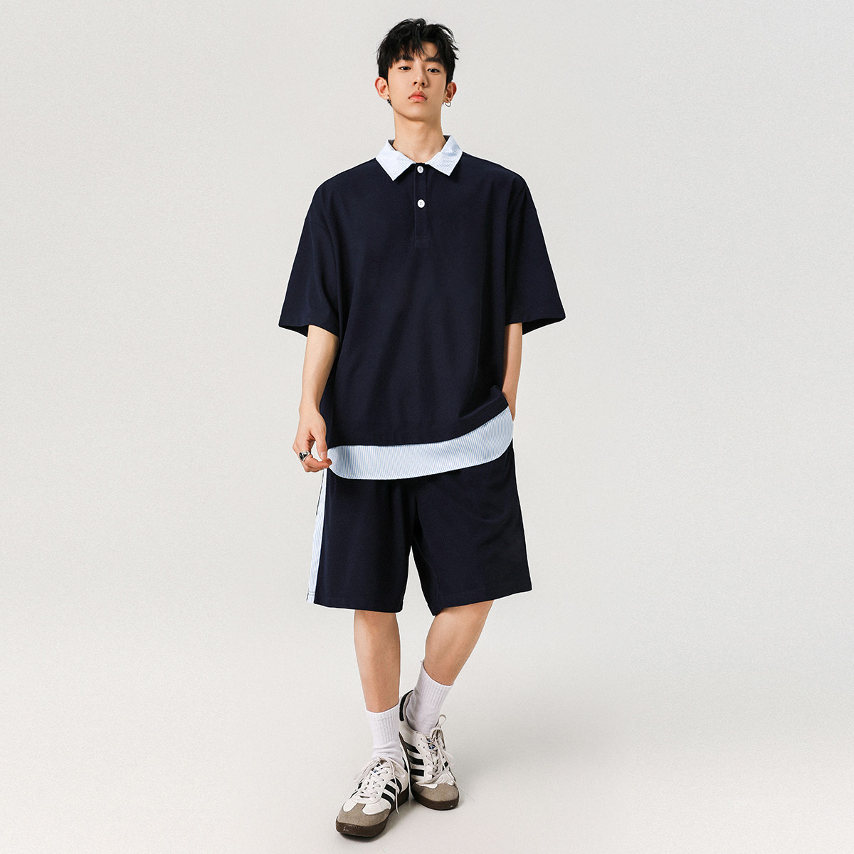 美式潮牌针织套装男2025夏季宽松短袖短裤套装潮A155-KLTZ01-TP57,男装牛仔裤,电商A155-1