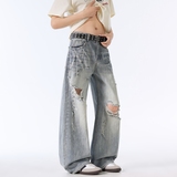 2025夏美式复古破洞牛仔裤男宽松弯刀阔腿长裤子A155-MJ239-TP56，男装牛仔裤，电商A155-1