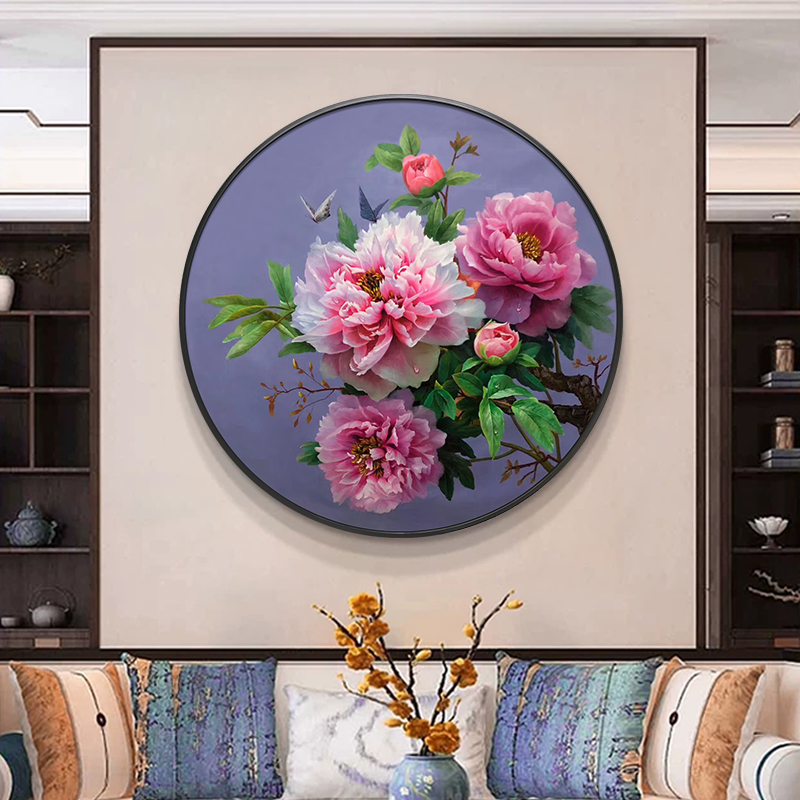 新中式玄关圆形挂画客厅装饰画餐厅过道壁画手绘紫色牡丹花卉油画图片