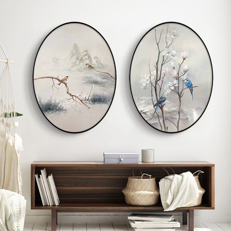 雅客美居新中式椭圆形画花鸟风景手绘油画客厅玄关书房餐厅装饰画图片