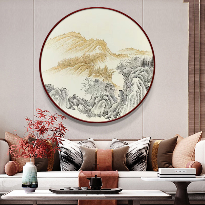 手绘油画新中式客厅装饰画圆形挂画走廊过道墙上客厅卧室书房挂画图片