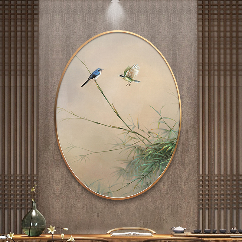 手绘椭圆形竹子喜鹊油画玄关装饰画餐厅过道茶室卧室花鸟圆形挂画图片