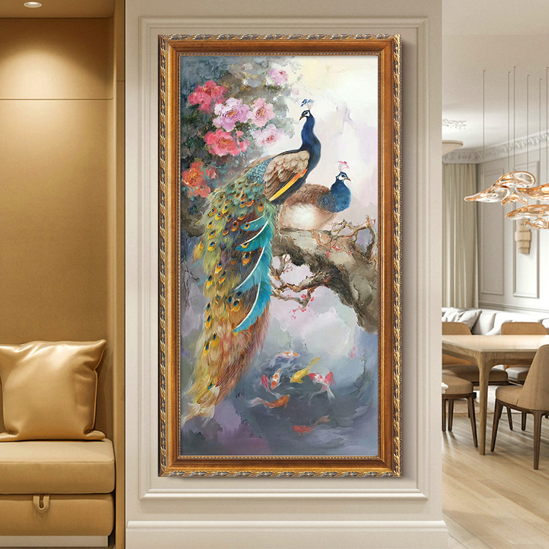 手绘孔雀油画欧式玄关竖版挂画动物鲤鱼楼道美式走廊过道装饰壁画图片