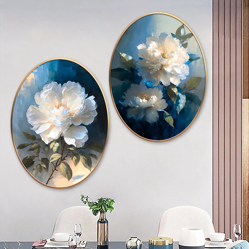 简约轻奢纯手绘椭圆形油画玄关走廊餐厅网红壁画白牡丹花卉装饰画图片