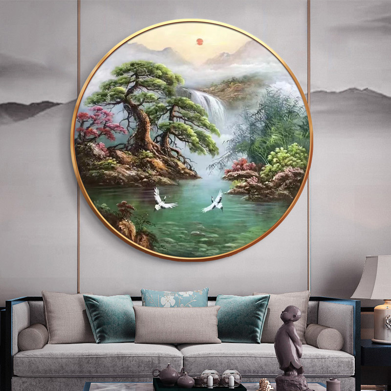 手绘圆形油画迎客松仙鹤玄关走廊过道装饰画新中式设计师推荐挂画图片
