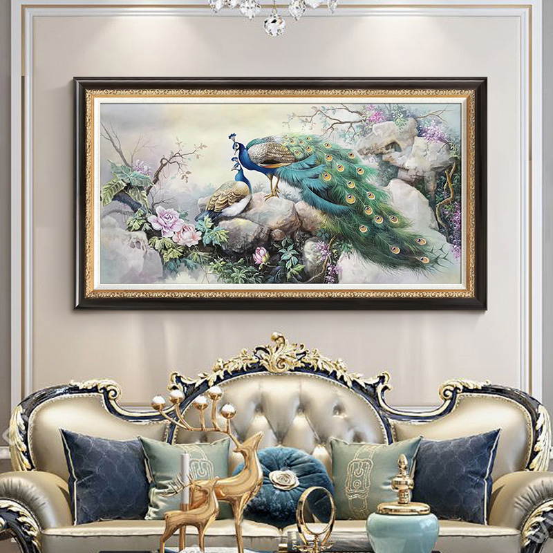 欧式客厅沙发装饰画古典孔雀手绘油画纯手工美式花鸟餐厅卧室壁画图片