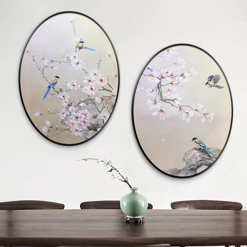 新中式竹子玉兰花鸟椭圆形装饰挂画餐厅玄关卧室茶室手绘油画定制图片