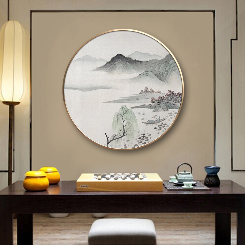 手绘油画新中式山水风景圆形挂画客厅多联餐厅玄关走廊书房装饰画图片