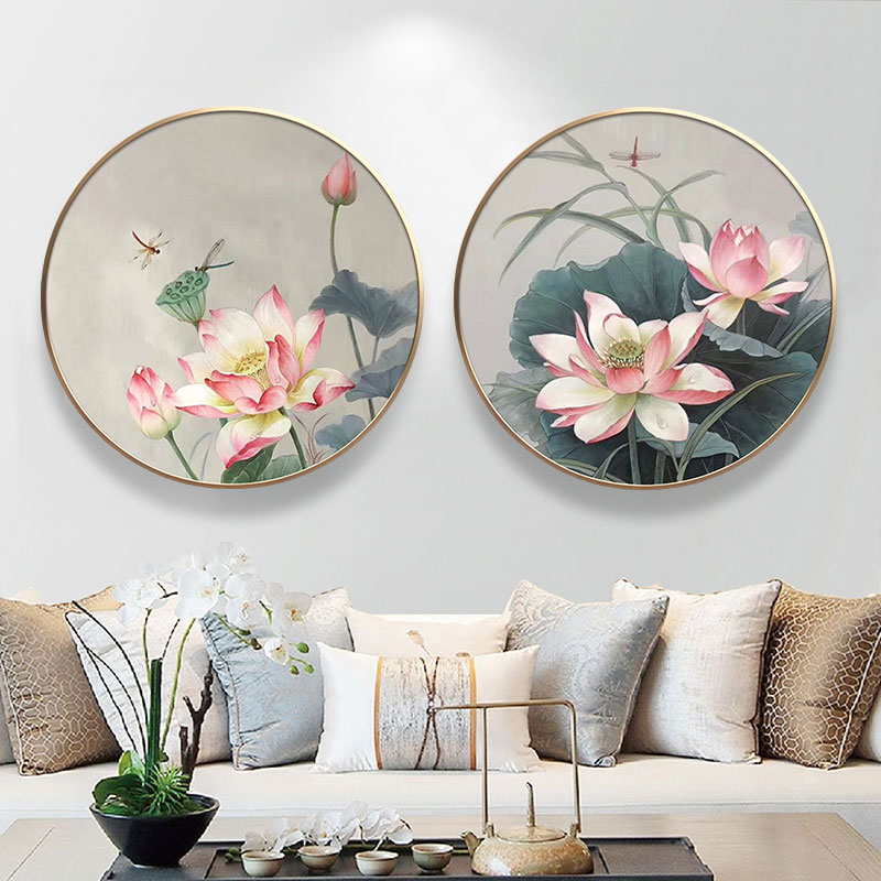 手绘荷花油画简约新中式客厅圆形装饰画玄关卧室餐厅走廊椭圆形画图片