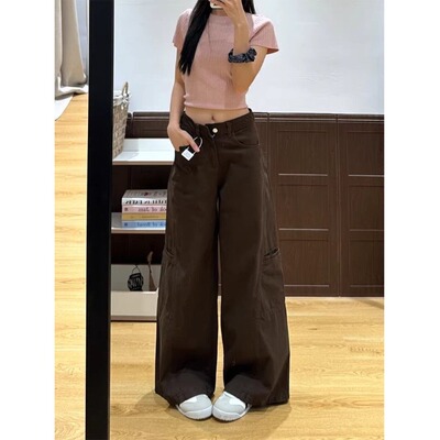 夏季新款小个子咖色裤子工装牛仔裤150显高高腰宽松不贴腿休闲裤