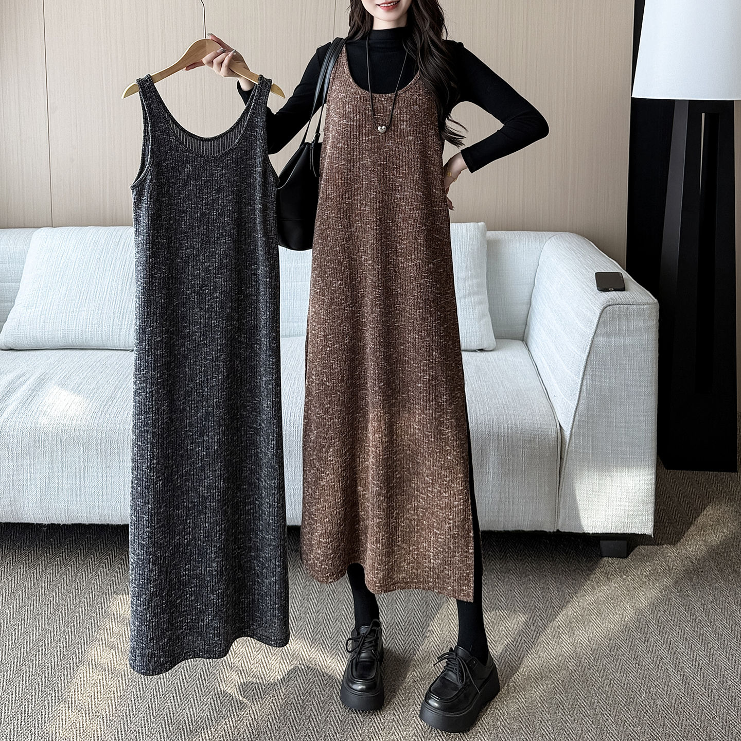 早秋新款145矮小个子长袖T恤针织连衣裙修身显瘦黑色上衣长袖套装