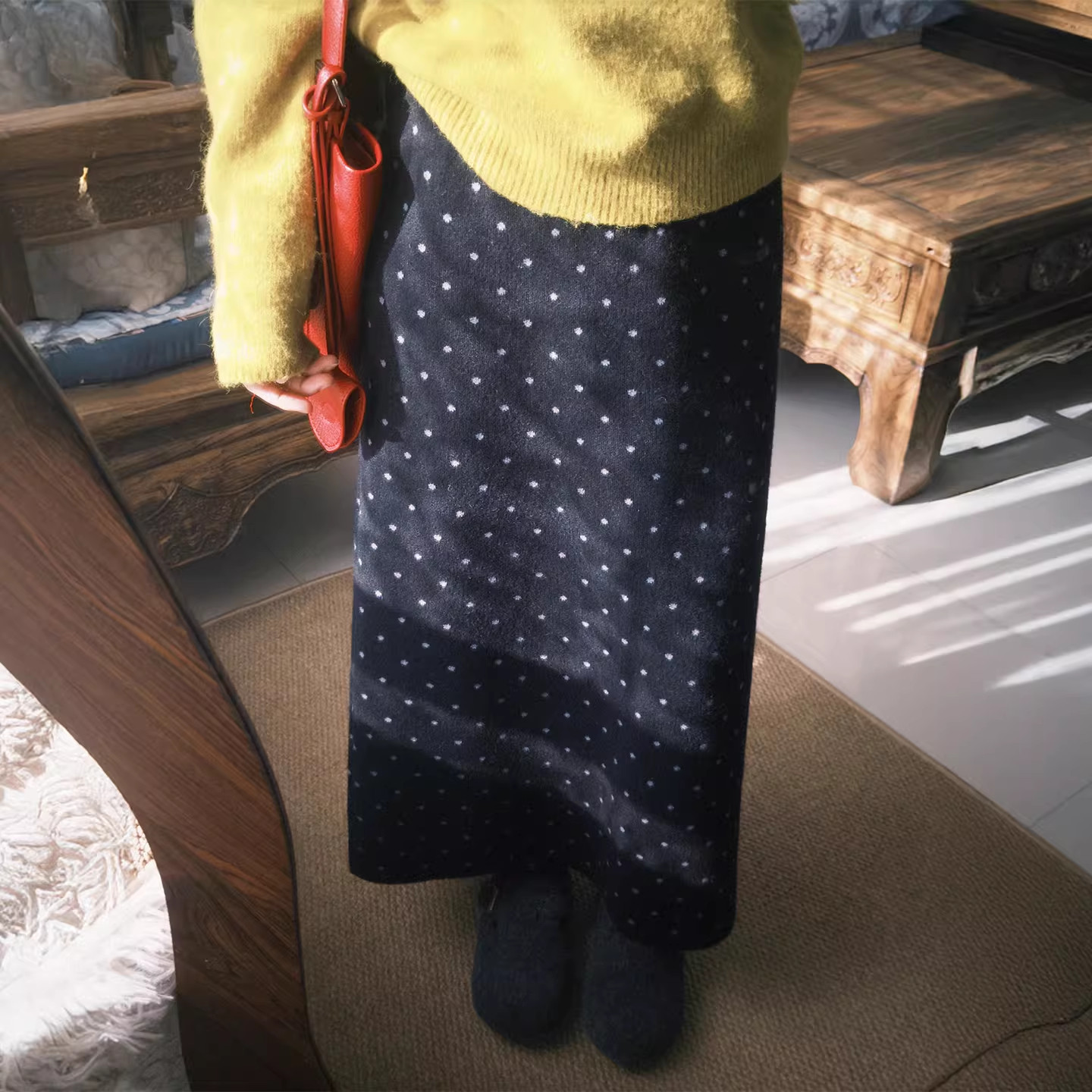 150CM高腰黑色波点毛呢半身裙减龄百搭小个子遮胯显瘦中长款a字裙