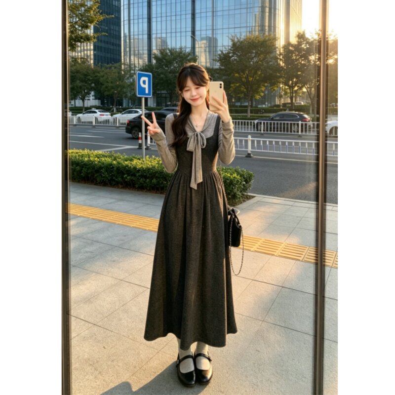 矮个子法式气质蝴蝶结长袖连衣裙收腰显瘦高级感吊带中长裙两件套