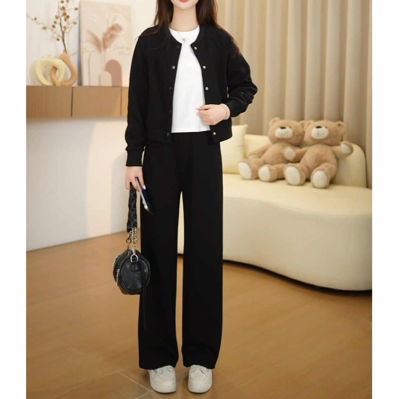 小个子时尚套装百搭保暖加绒145气质显高休闲裤时尚长袖韩版上衣