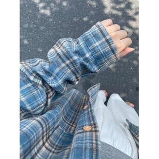 小矮个子145复古蓝色格子衬衫上衣女150韩版polo领开衫外套xs码夏