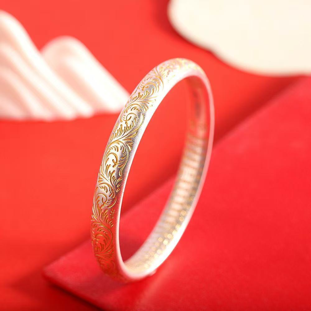 善鸿廷S9999纯银手镯女古法金纹颂足银镯子好运新中式生日礼物