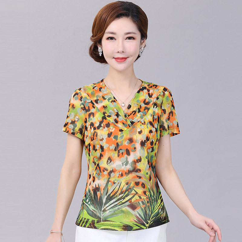 竹语声女装短袖网纱上衣妈妈夏装2026新款洋气中老年雪纺T恤小衫