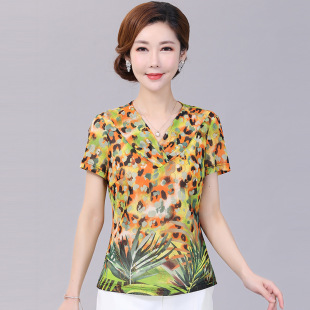 竹语声女装短袖网纱上衣妈妈夏装2026新款洋气中老年雪纺T恤小衫