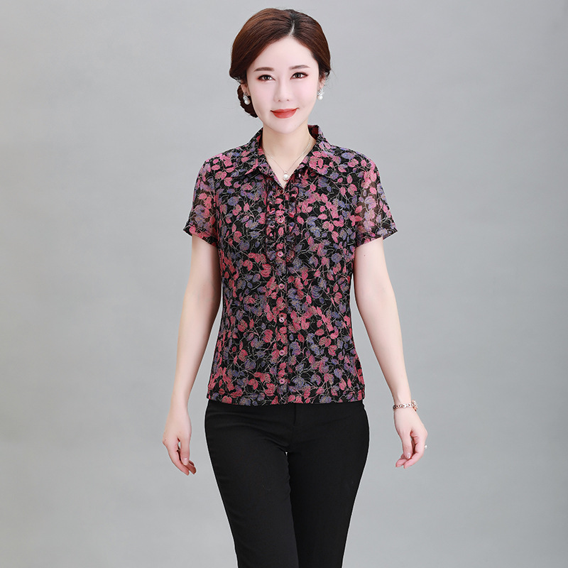 竹语声2025新款妈妈夏装上衣小衫中年女装弹力网纱短袖衣服女衬衫