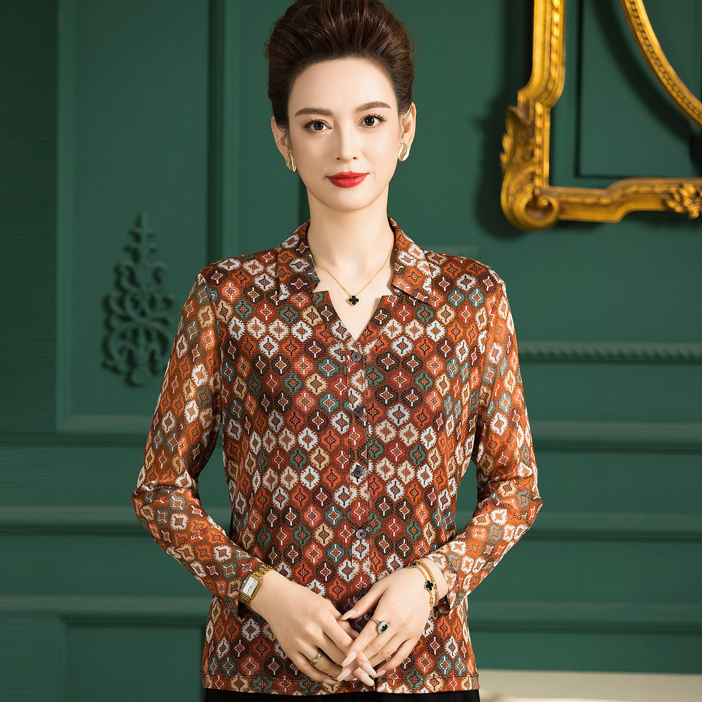 网眼真丝衬衫女2026新款中老年长袖翻领高档妈妈上衣桑蚕丝薄衬衣