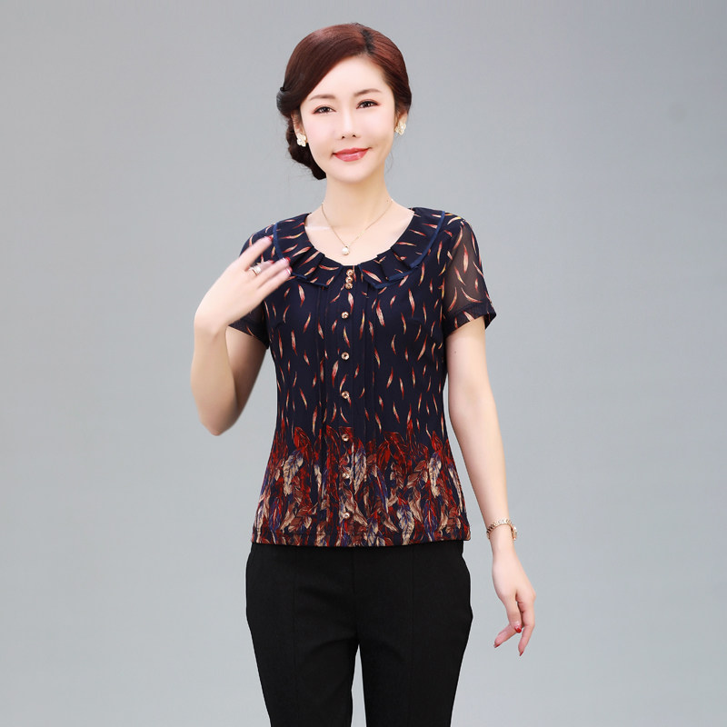 竹语声减龄小衫显瘦短袖上衣台湾网纱妈妈装雪纺衫中老年女装t恤